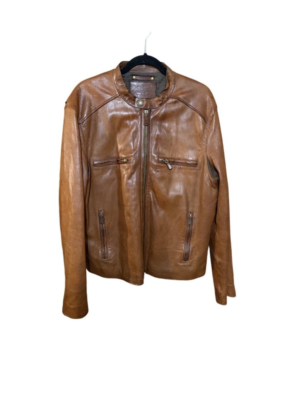 Coach Bleeker Leather Racer Fawn   Leather Jacket XL With Zip Pockets & Stand Co